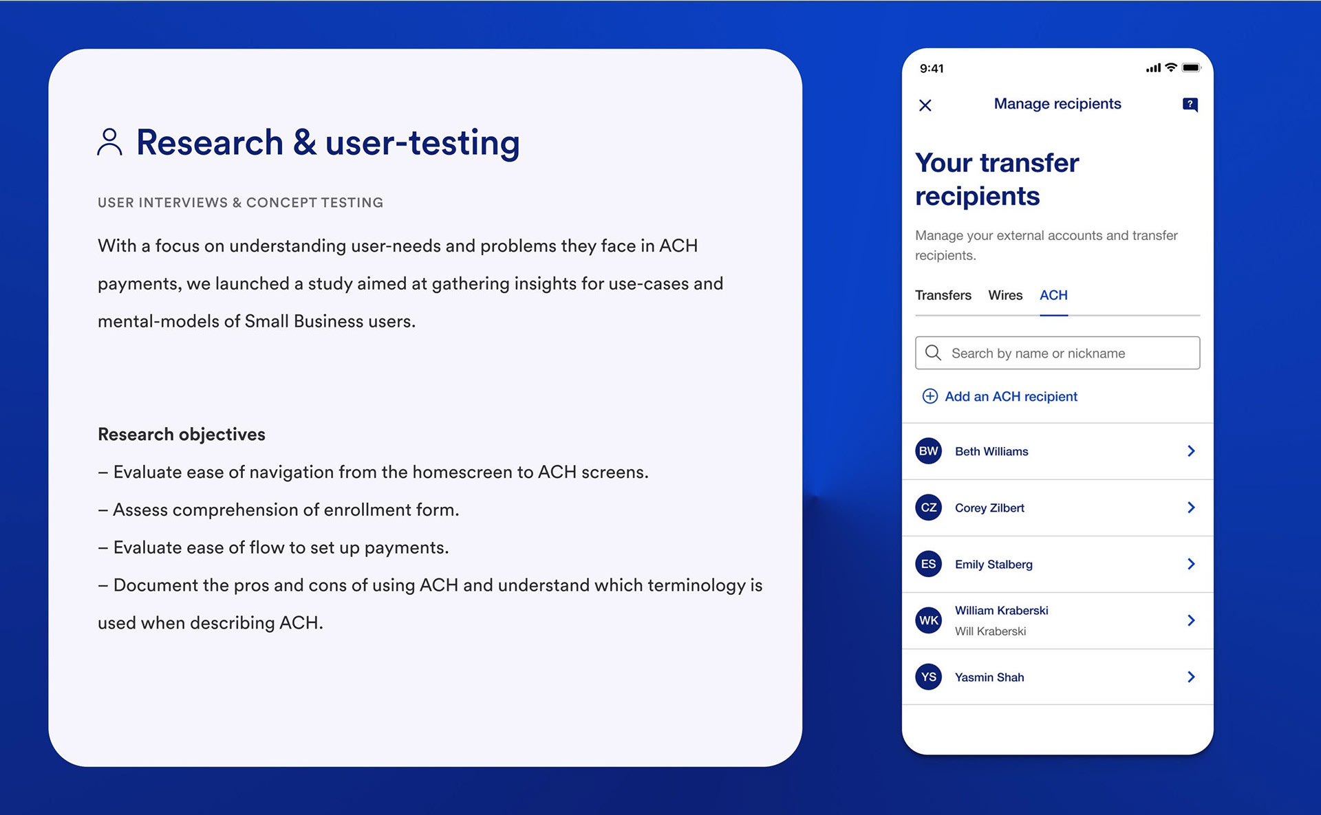 Research and user testing — recipient management screen