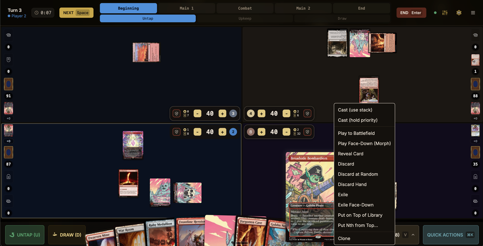 Mulligan Labs game board with a card action menu open