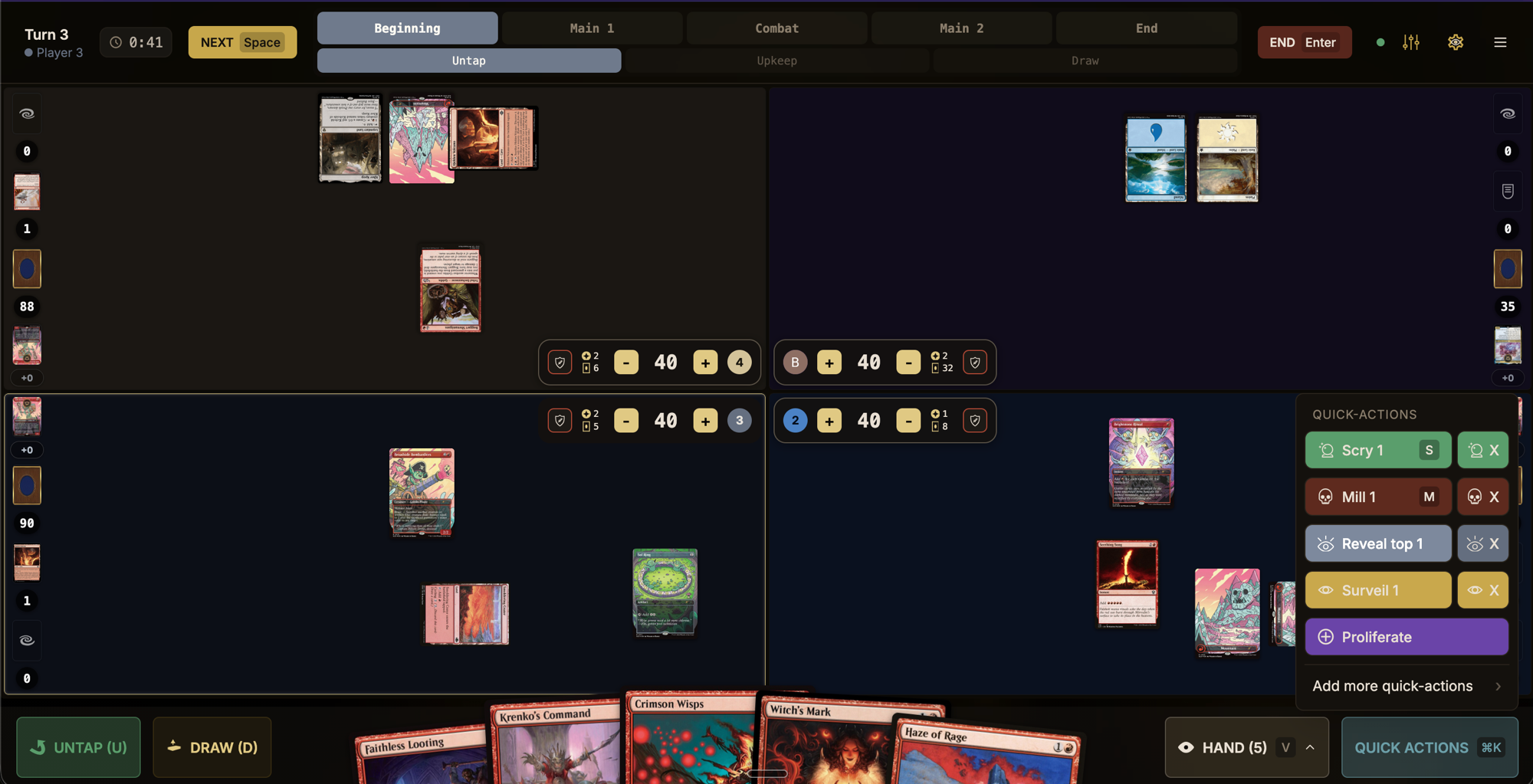 Quick-actions panel with Scry, Mill, Reveal, Surveil, and Proliferate