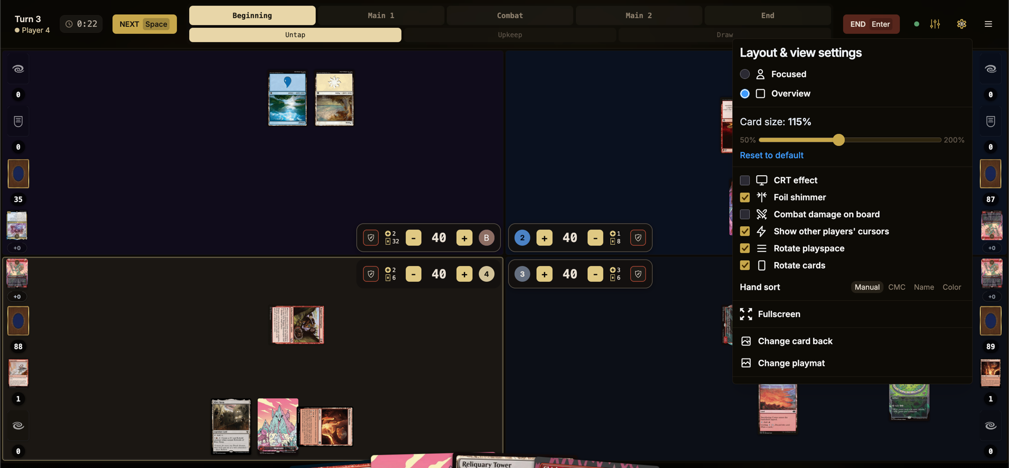 Layout and view settings with foil shimmer, CRT effect, and card size