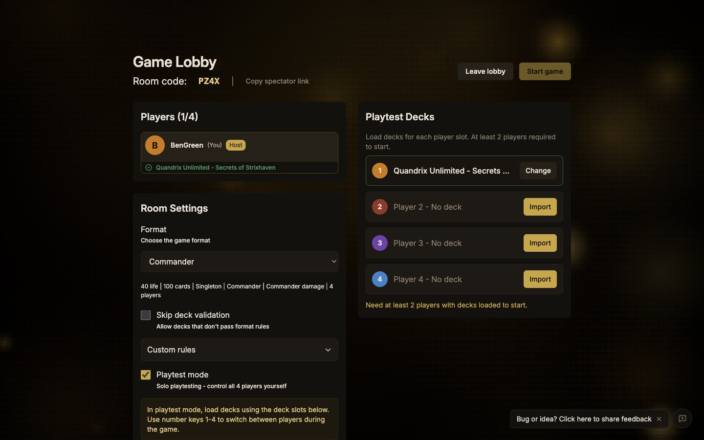 Mulligan Labs game lobby — room settings and deck selection